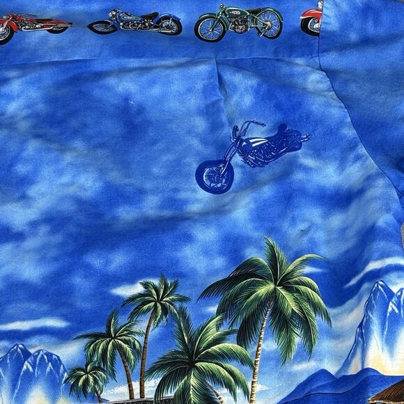 Vintage KY's Hawaiian Shirt Men's L‎ Motorcycle Ocean Mountain Beach Hut Scene - Picture 8 of 15